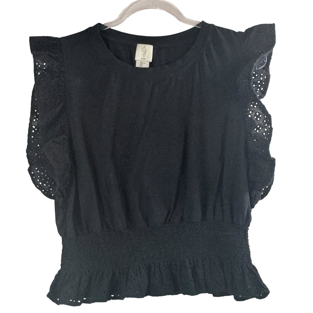 Joie Womens Blk Eyelet Flutter Sleeve Smocked Waist Ruffle Cottage Blouse L READ